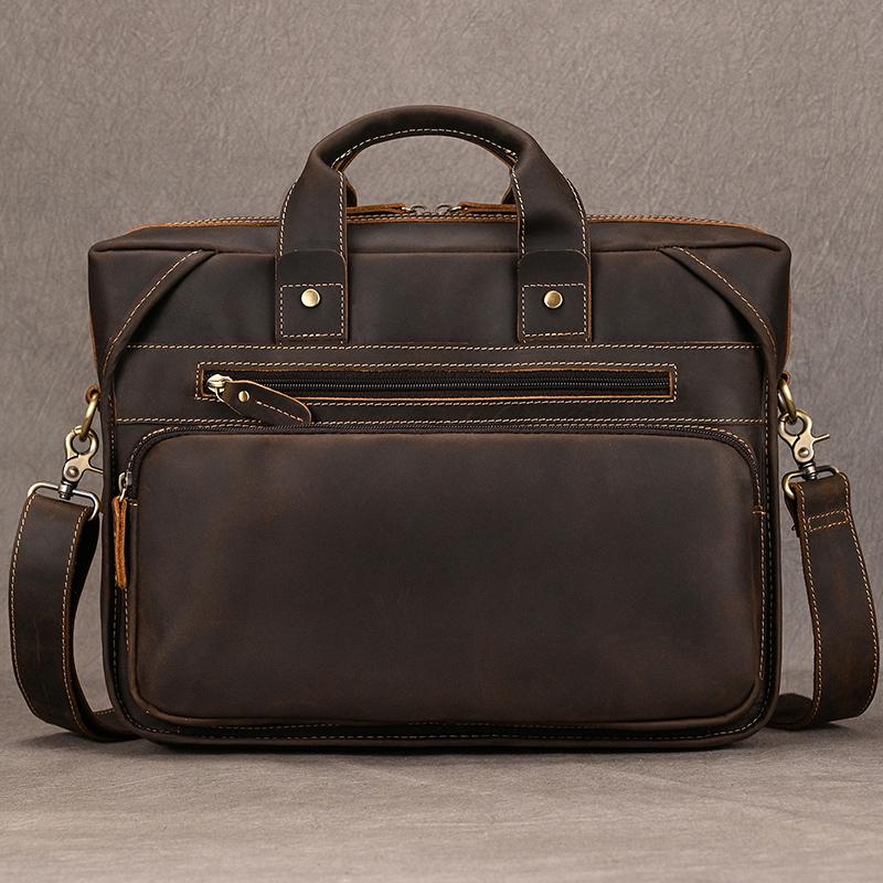 Vintage Leather Mens Briefcase With Pockets Cowhide Bag On Business Suitcase Crazy Horse Leather Laptop Bags 2019 Design