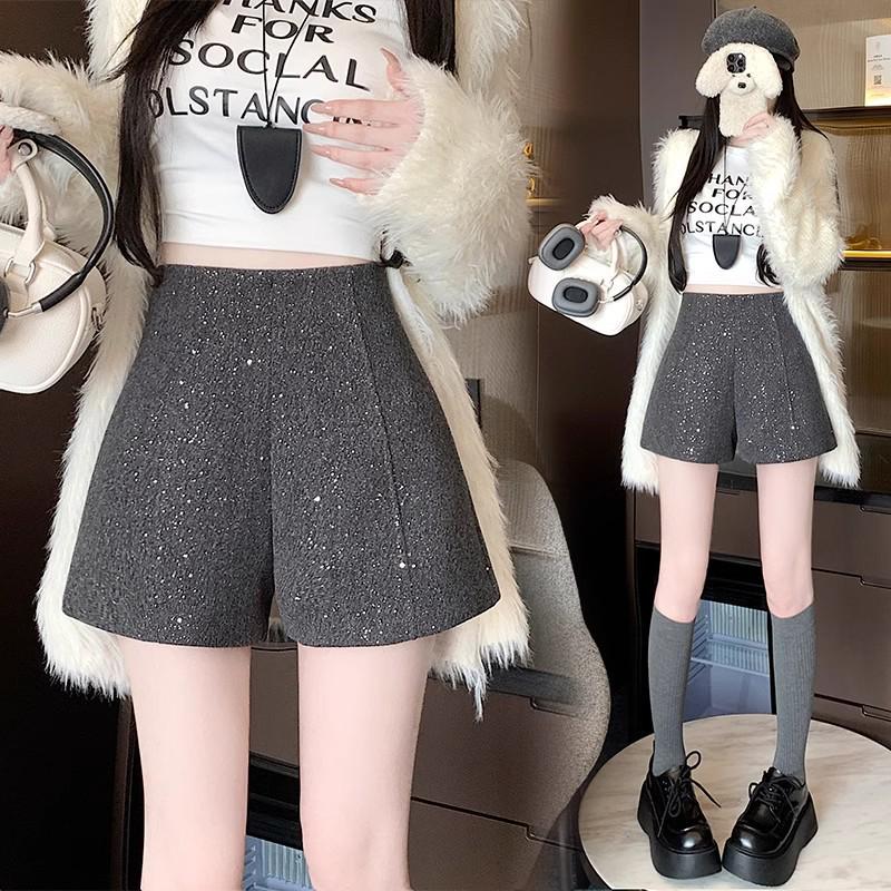 Black Woolen High Waist Women's Booty Shorts - Autumn Winter 2024 Korean Style Slim Fit Straight-Leg Shorts