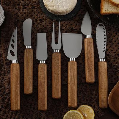 Acacia Wood Handle Cheese Knife Set with Stainless Steel Blades - Includes Knife, Fork, Spatula, and Butter Spreader.