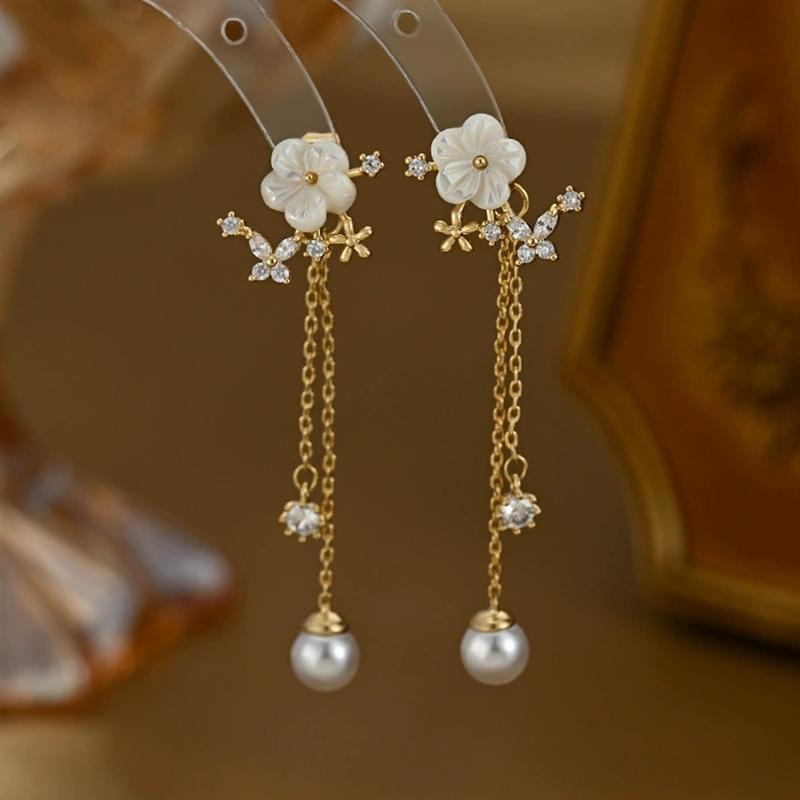 Luxury White Flower Rhinestone Butterfly Earrings for Women Tassel Pearl Zircon Drop Earrings Elegent Art Aesthetics Jewelry New