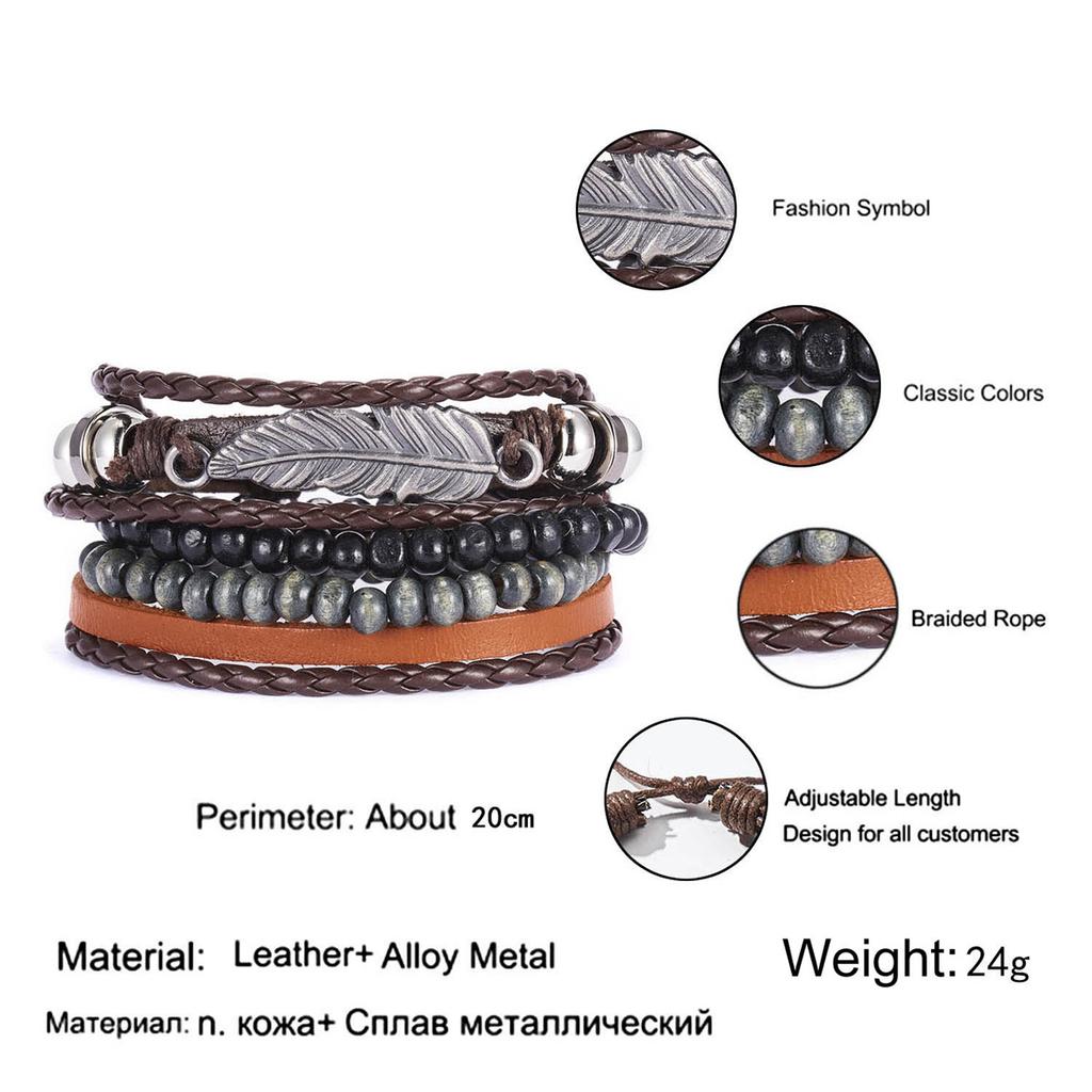 Vintage Multi-layer Feather Star Leather Bracelets For Men Hand-knitted Leaves Rope Wrap Wristband Bracelet Ethnic Party Jewelry