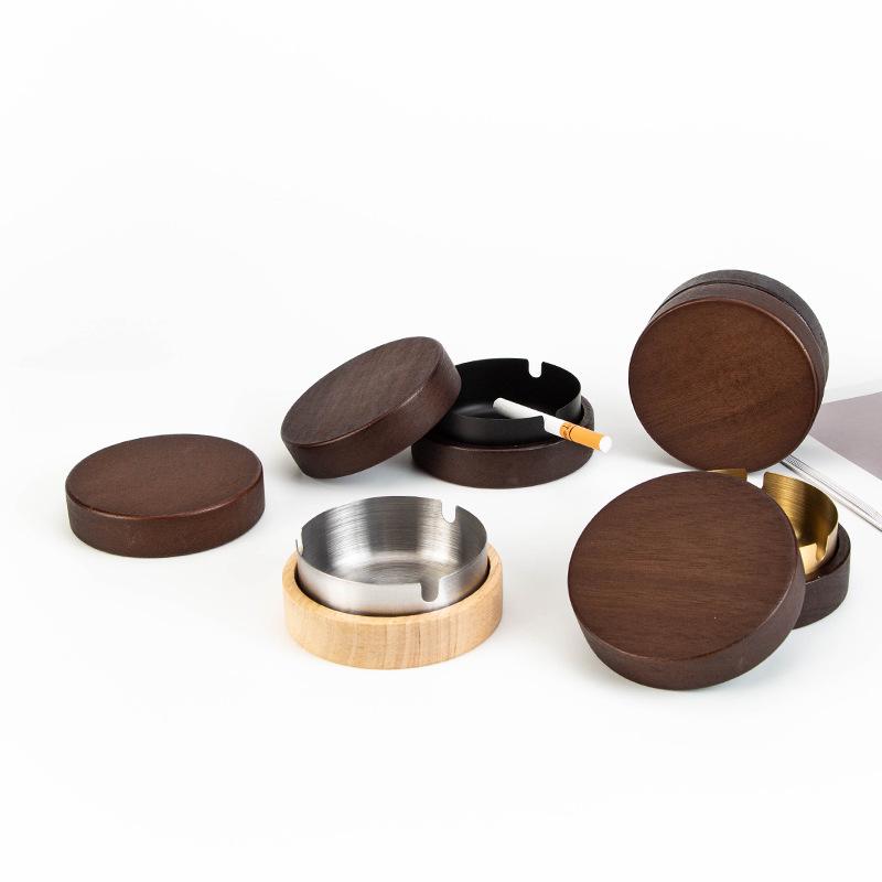 Walnut Wood Ashtray with Lid - Stainless Steel, High-End Design for Home or Office Use, Anti-Ash Flying
