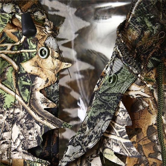 2 Pcs/Set Outdoor Disguise Top Pants Suit 3D Leaves Decor Breathable Hunter Ghillie Suit Camouflage Clothes CS Training Jungle Hooded Jacket