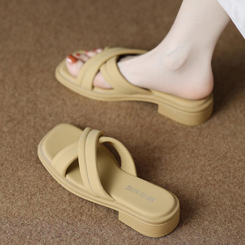 

Fashion Elegant Women Mid Heels Slippers Designer Sandals Woman Shoes 2025 Summer Fashion Chunky Pumps New Brand Dress Chaussures Femme 41 абрикосовый