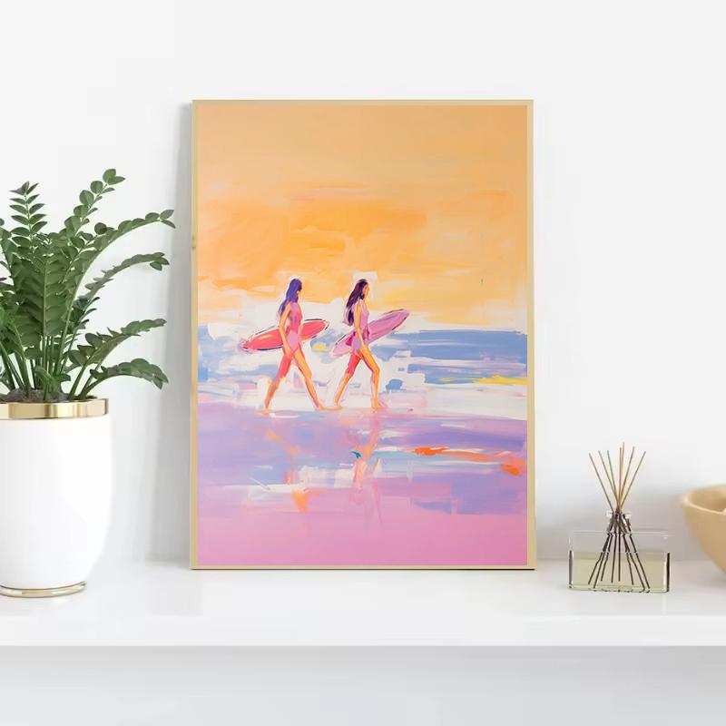 Pink Watercolor Ocean Waves Seascape Poster Oyster Shell Beach Umbrella Surfing Canvas Printing Wall Art Picture Home Decor