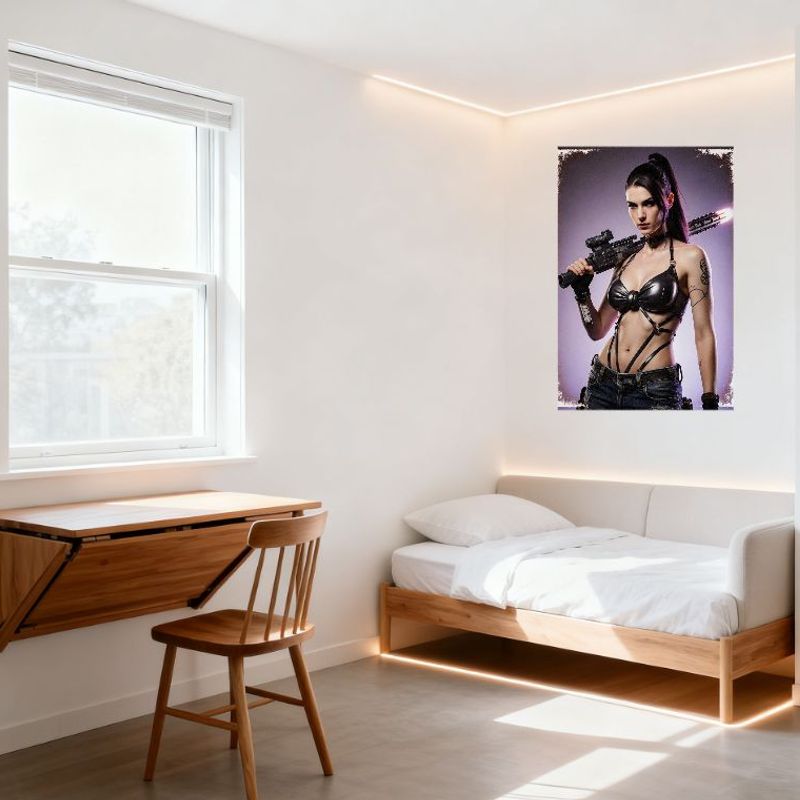 Sexy Woman with High Ponytail Tin Sign, Futuristic Machine Gun, Vintage Border Metal Poster for Bar Home Cafe Wall Decor