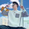 Striped patchwork sweatshirt men's spring and autumn Korean style new round neck loose top chic Hong Kong style trend