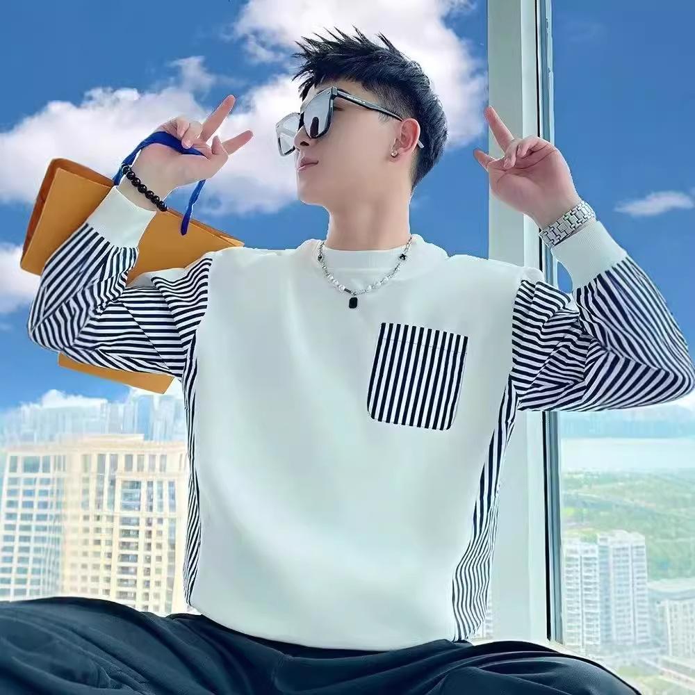 Striped patchwork sweatshirt men's spring and autumn Korean style new round neck loose top chic Hong Kong style trend