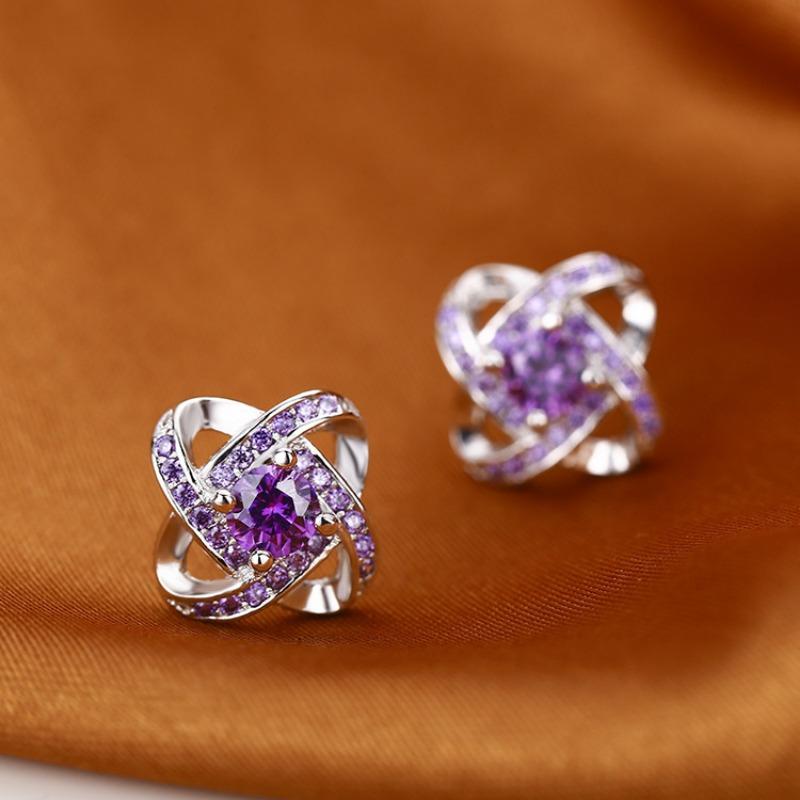 Plated Sterling Silver Inlaid Zircon Earrings Popular Rotating Four-leaf Clover Earrings Japanese and Korean Style