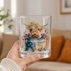 Bicchiere in Vetro Mucca delle Highlands, Bicchiere Termico Acquerello Floreale Dipinto a Mano, Tazza Trasparente per Latte Caffè Whiskey, Regalo per Amanti degli Animali