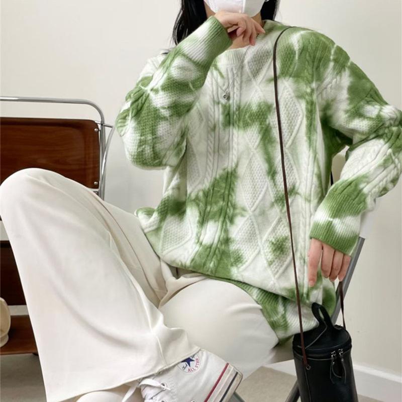 Contrasting Color Tie-dye Design, High-end Round Neck Casual Pullover, Autumn and Winter Large-size Knitted Sweater for Women