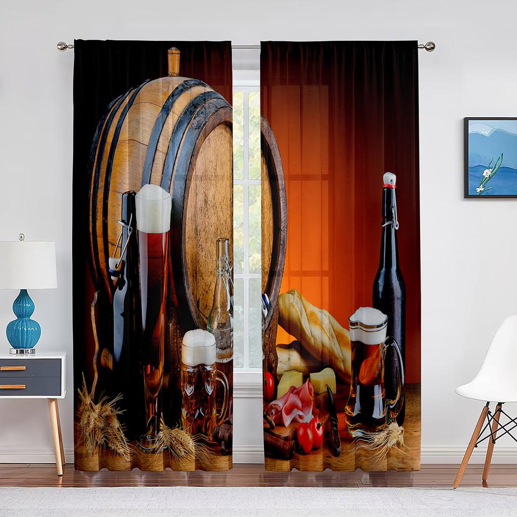 Glasses of Beer and Ale Barrel on Wooden Table Tulle Curtains for Living Room Bedroom Decor Chiffon Sheer Voile Kitchen Curtain