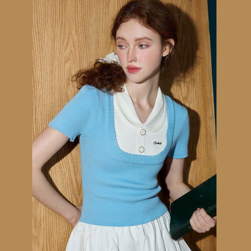 Coolhut Color-Blocked Fake Two-Piece Short-Sleeved Shirt with a Preppy Design, Versatile Knit Top for Women in the Summer of 2025