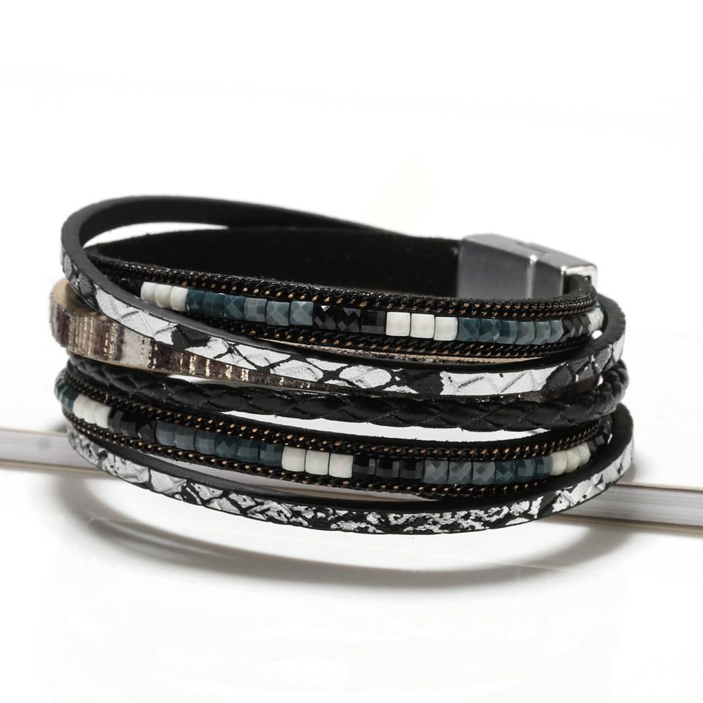 Bohemian Geometric Turquoise Beaded Multi-Layer Wrap Bracelet Adjustable Magnetic Clasp Leather Band Jewelry for Women