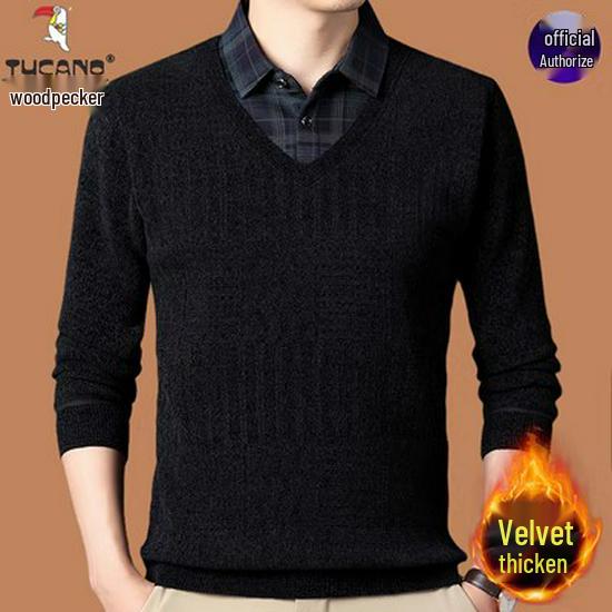 Woodpecker Men's Fleece-Lined Two-Piece Chenille Sweater with Shirt Collar