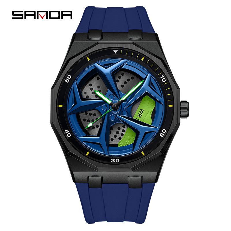 SANDA Men's Waterproof Luminous Polygonal Quartz Watch with 3D Rotating Dial and Silicone Band