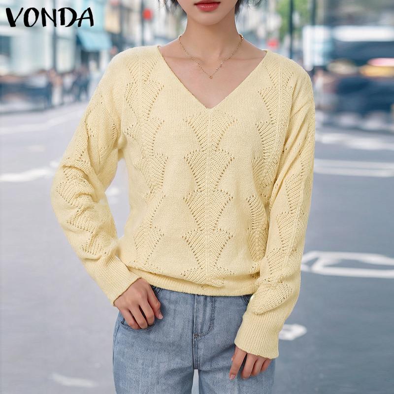 VONDA Women Autumn V-neck Long Sleeve Solid Color Pullover Sweaters
