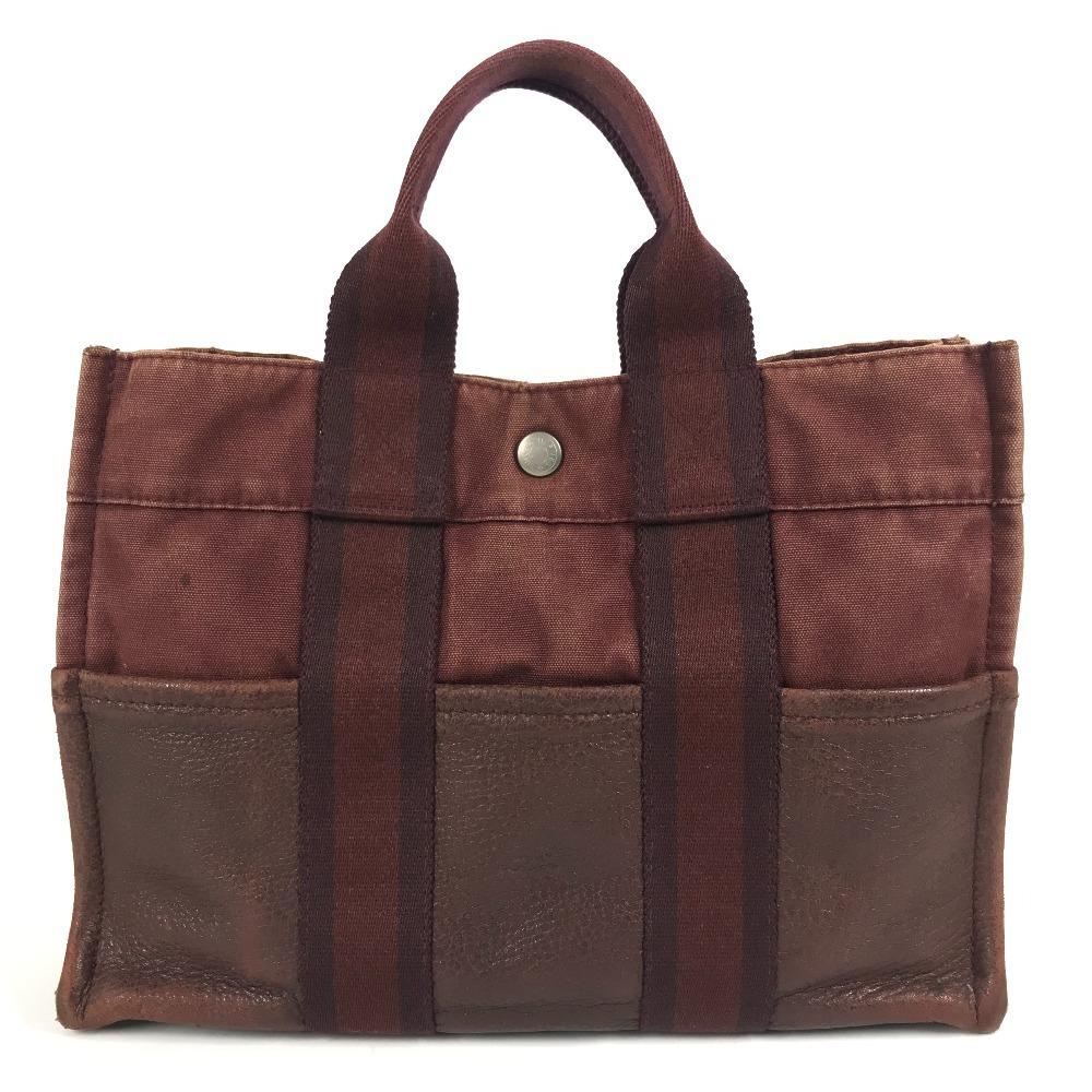 HERMES Half Leather Fourre ToutPM Tote Bag Hand Bag Leather/Canvas wine-red