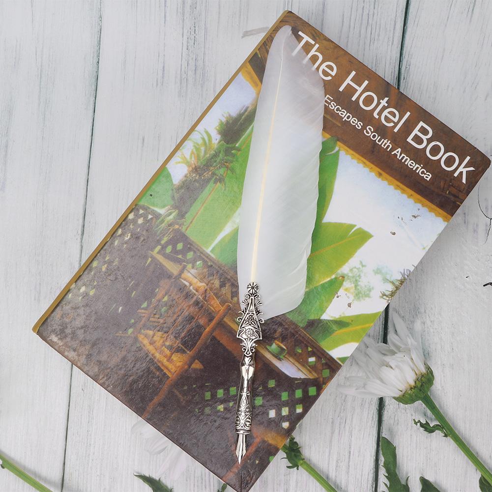 European Vintage Fountain Pen Feather Quill Dip Pen Signature Pen Set Stationery Gift (White)