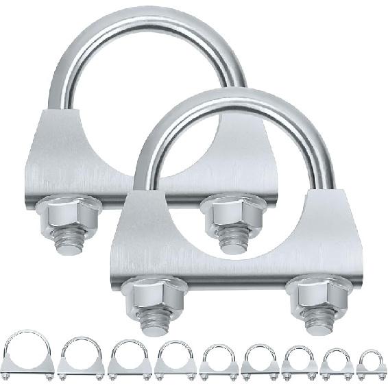 Swpeet 2Pcs Galvanized 2  - 50Mm Exhaust U Clamp Kit, Galvanized Muffler U-Bolt Clamps, Universal Heavy Duty U-Bolt Muffler Clamp Ideal For Tip Pipes 1-3/8