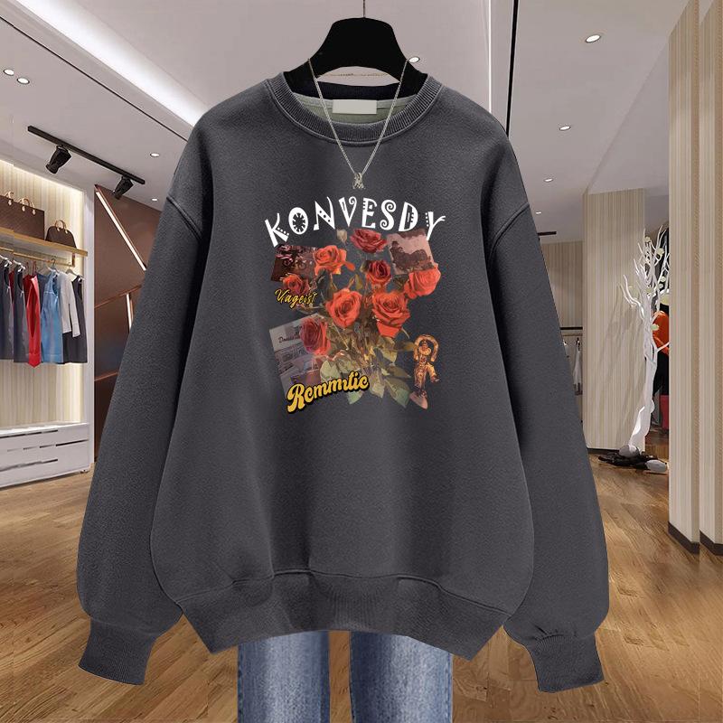

2025 spring and autumn Korean version pullover Hong Kong style pure cotton long-sleeved autumn and winter velvet thickened sweater women s clothing XXXXL
