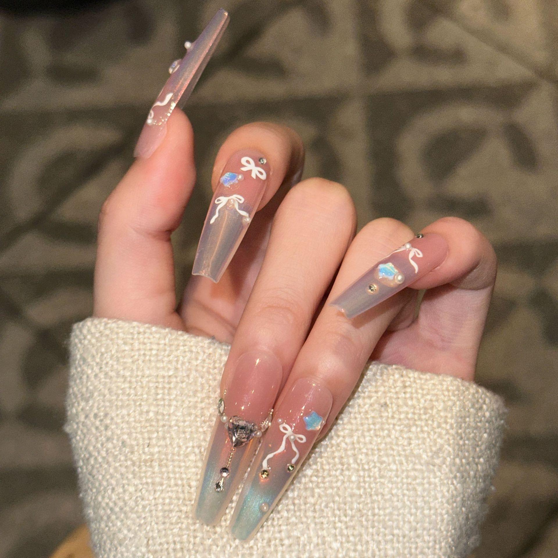 

Hand-woven Armor High-end French Pink Love Diamond Bow Manicure Extra small XS