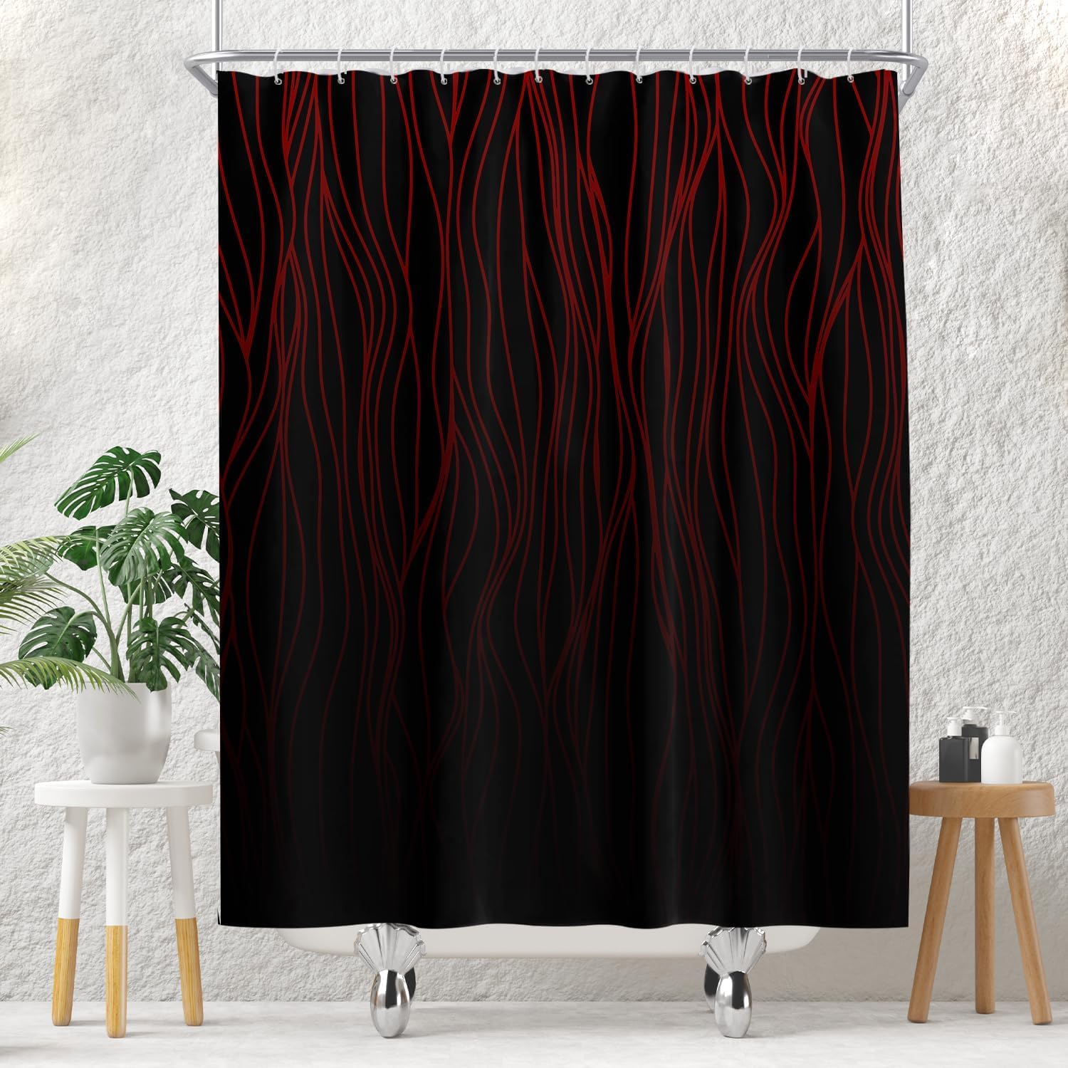 

Red Wavy Lines On Black Background Shower Curtain 180X180Cm Bold Geometric Bathroom Curtain W60H190(CM)-1 Pcs
