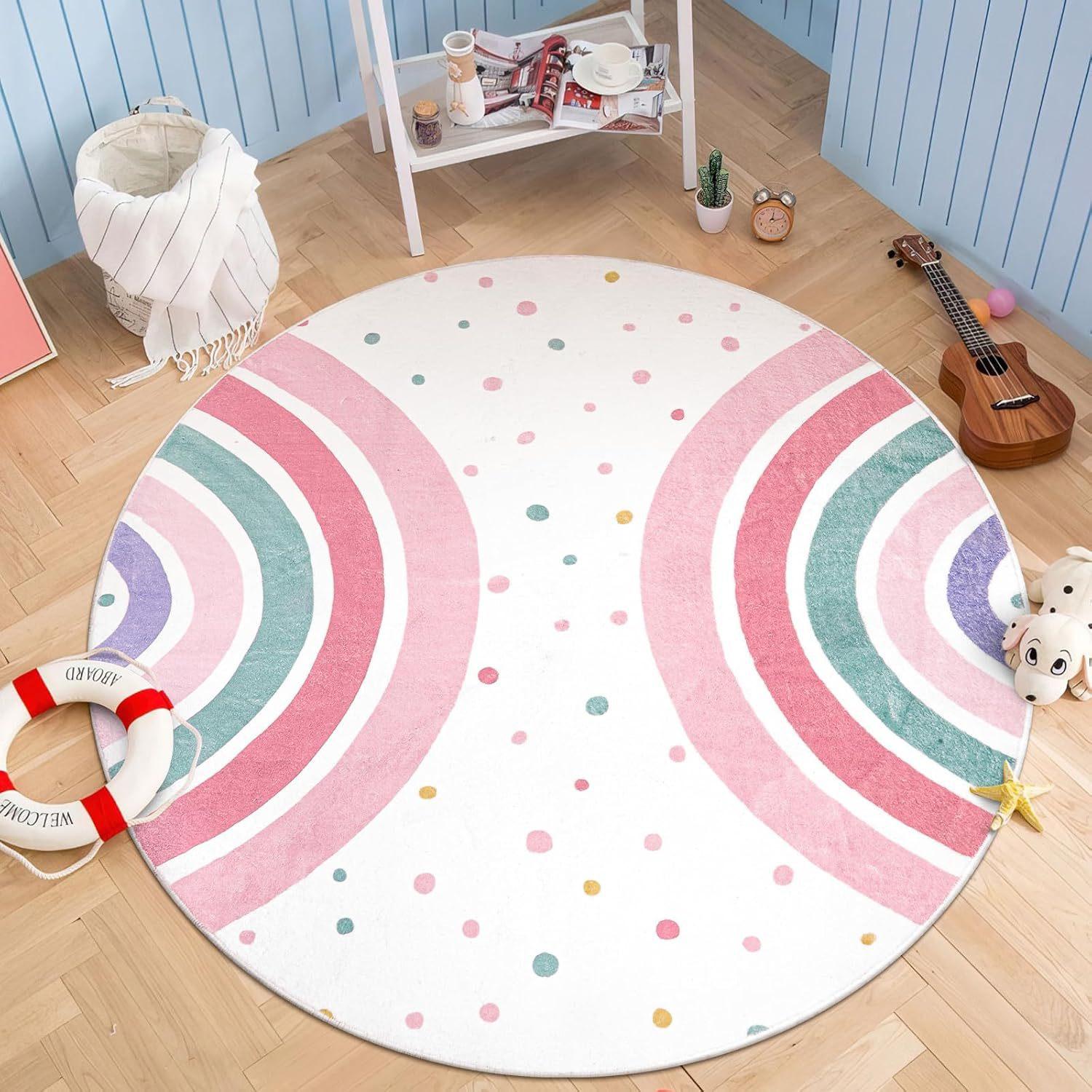 

1pcs Round Rainbow Pattern Rug Soft Imitation Cashmere Carpet Non Slip Floor Mat Creative Home Living Room Decoration Rug 60cm