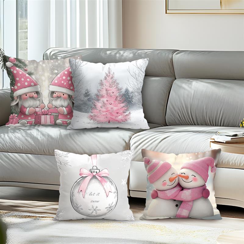 Home Decor Pink Gnome & Snowman Christmas Pillows Pattern Cushion Cover Suitable for Sofa Bedroom Car Pillow Cover