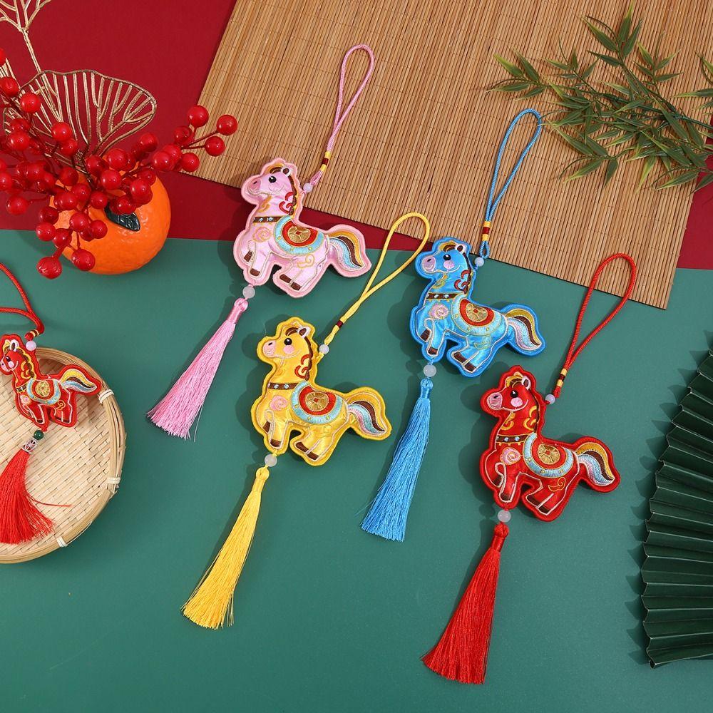 Chinese Style Pony Embroidered Pendant Spring Festival Zodiac Mascot Horse Hanging Decoration Keychain Tassel