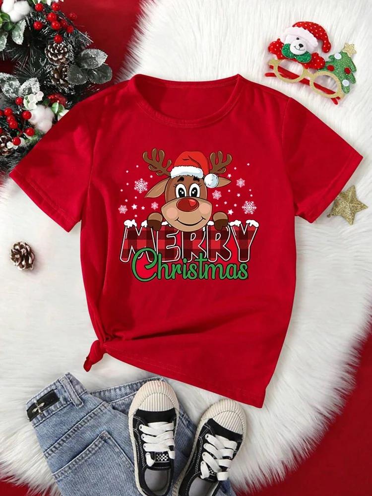 

Merry Christmas Cute Reindeer Print Red TShirts for Women Casual Short Sleeve Oneck TShirts Ladies Christmas Party Tops S