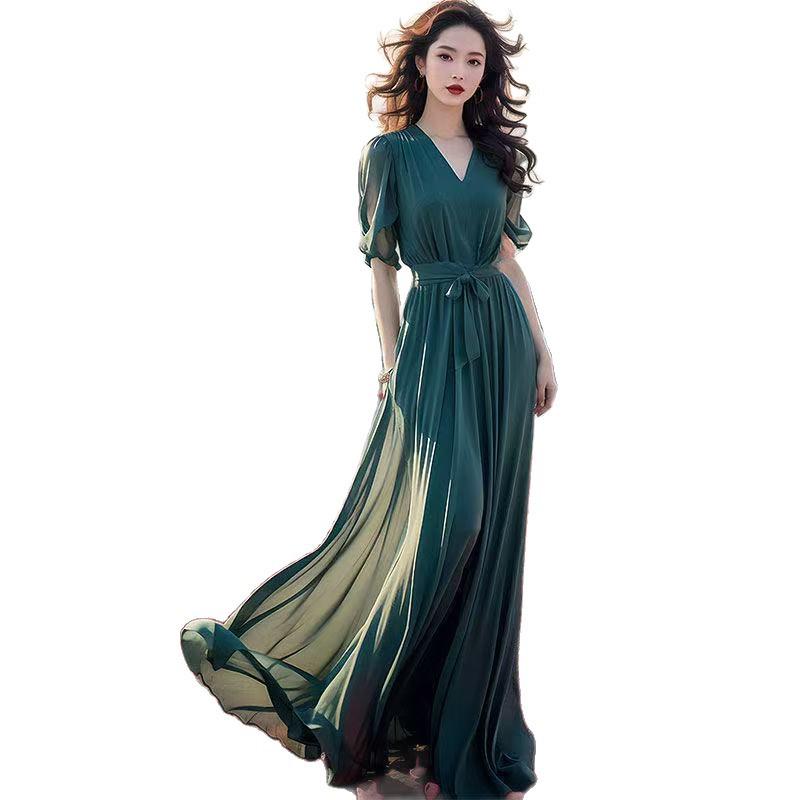 Stylish Green Chiffon Ankle-Length Beach Dress - 2026 Summer Collection