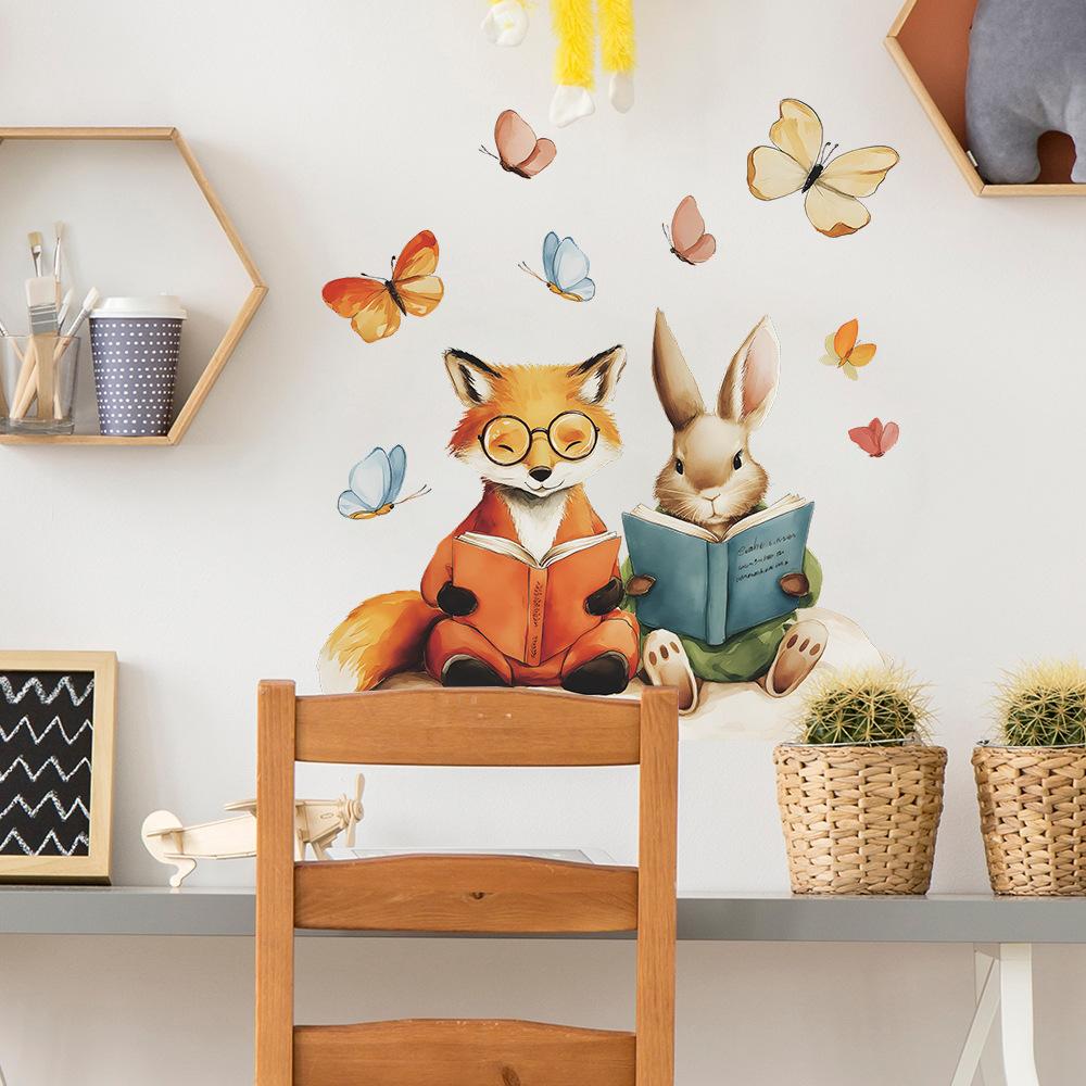 Cartoon Rabbit and Fox Reading Books and Fluttering Butterflies Home Background Wall Decoration Stickers