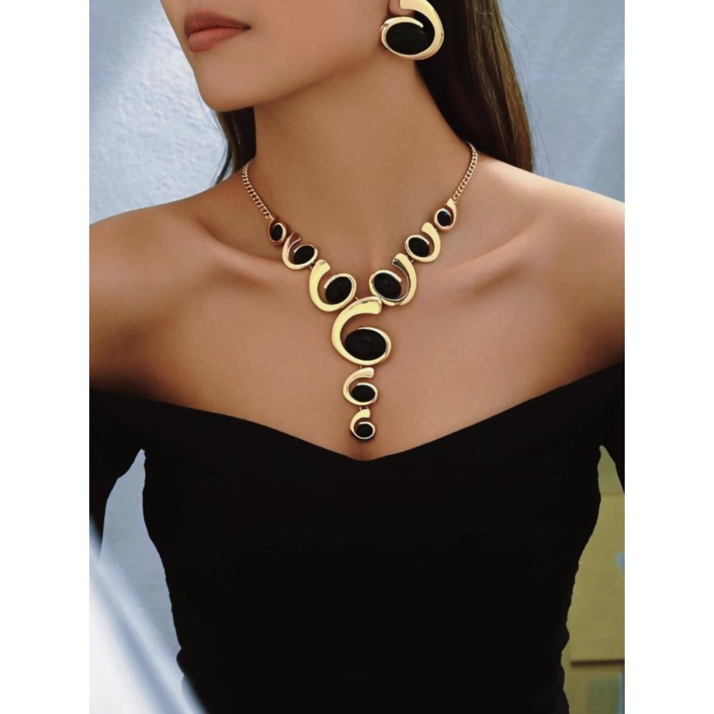 Boho-Chic Damen Schmuckset: Spiralförmiges Schneckendesign mit schwarzem Strass - Beinhaltet Y-Kette & Ohrstecker, perfekt für Alltag & Party