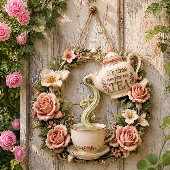Yard Art Sculptures It's Time for Tea Door Sign, Metal Floral Wreath Hanger with Teapot Teacup Design, Windowsill Rustic Wall Decor Kitchen