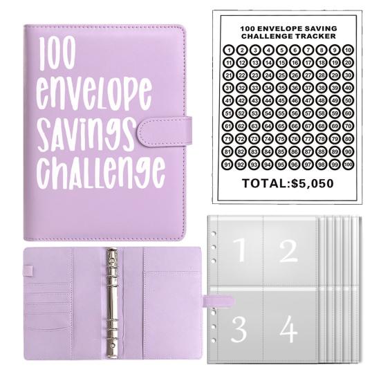 100 Envelope Savings Challenge Kit PU Binder with Numbered Pockets And Progress Trackers A5 Budget Planner for Couples Individuals