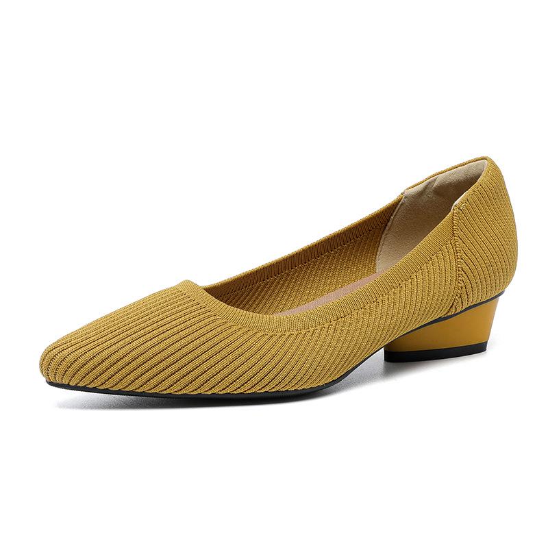 B35-3 Pointed Toe Low-Cut Chunky Heel Breathable Plus Size Striped Knit Shoes