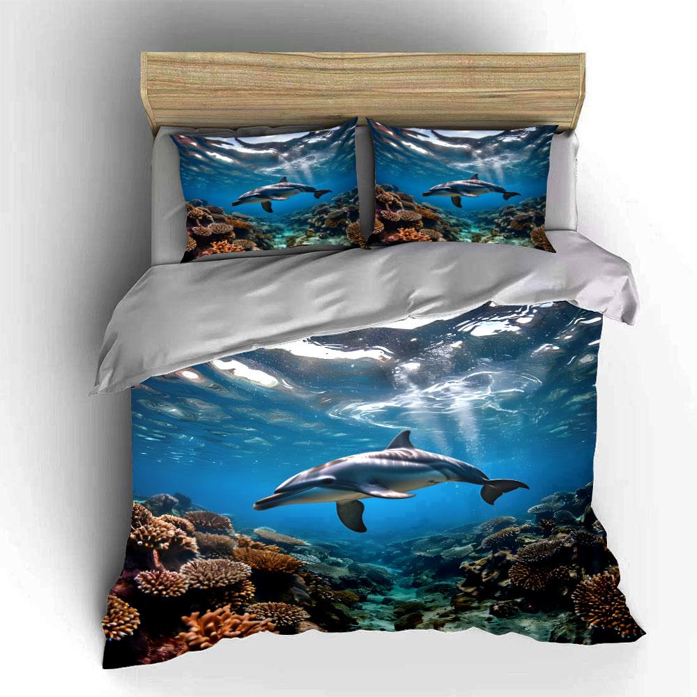 Dolphin Underwater With Corals Print Bedding Set 1 Duvet Cover 2 Pillowcases For Adult And Children Luxury Gift Full Size