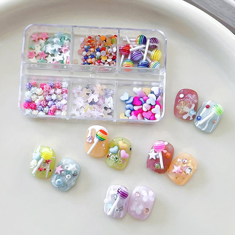 

6 сеток разноцветные любовь роза смола шармы для нейл-арта бантики хлопья блестки украшение аксессуары для маникюра салонные принадлежности для ногтей DIY