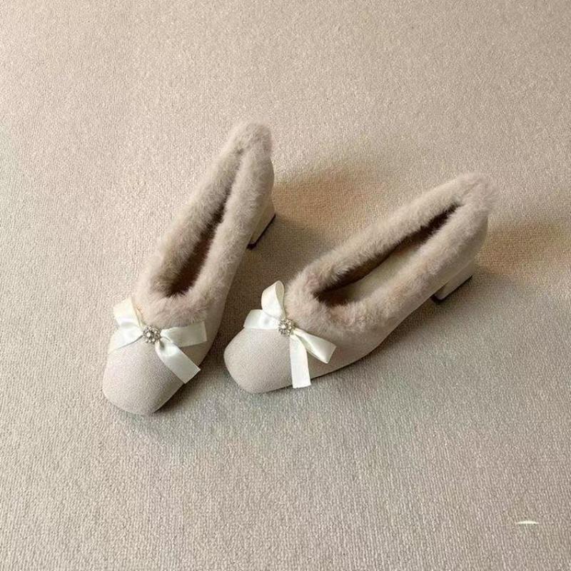 Apricot Colored High-heeled Ankle Boots for Women, Square Toe, Thick Heel, Bow Tie, Cute Women's Boots with Plush Warm Boots