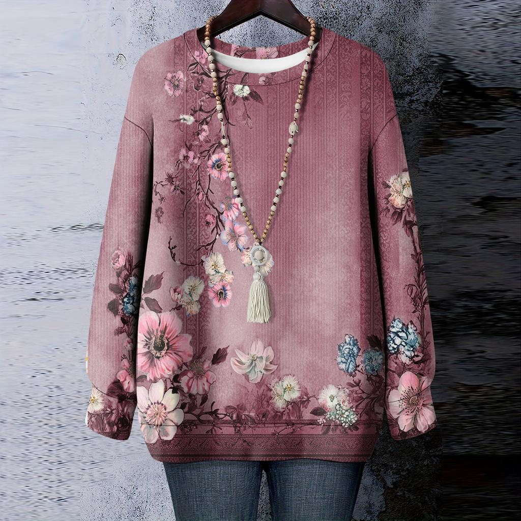 Women's Floral Print Round Neck Long Sleeved T-shirt Sweatshirt Top