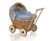 Wicker Doll Pram Pushchair With Bedding Dirty Blue And Soft Lining Chiara - Natural
