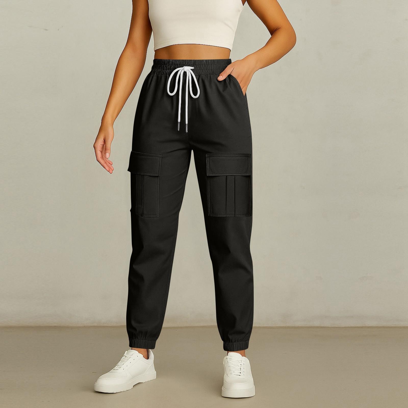 

Женские модные рабочие брюки однотонные на кулиске с множеством карманов эластичная талия повседневные брюки S чёрный