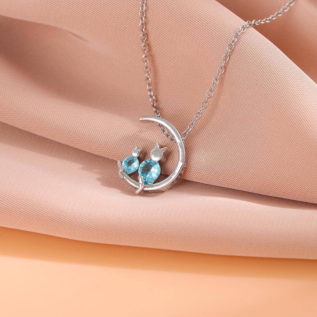 Fashion Simple 925 Sterling Silver Personality Blue Crystal Moon Cat Sweet Necklaces XL041