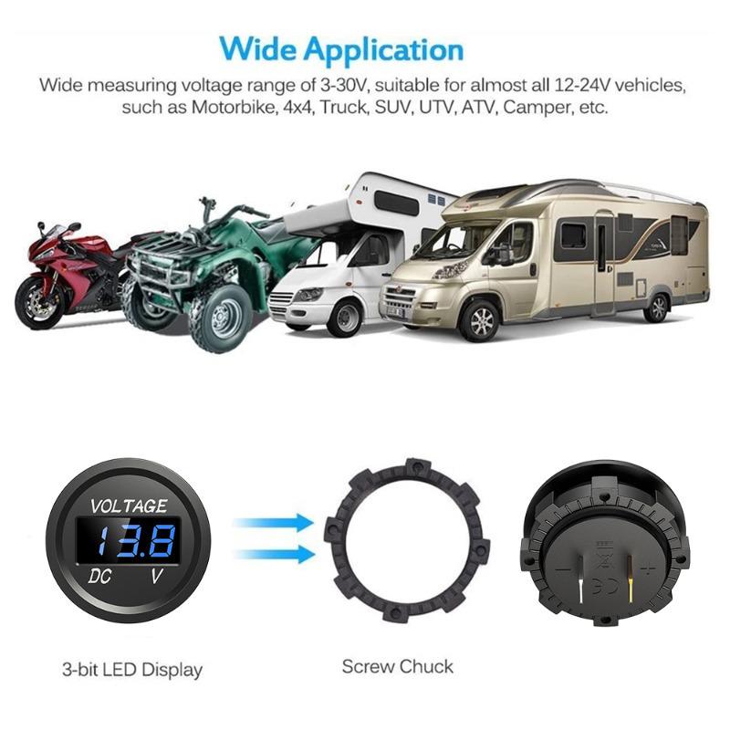 Car Voltmeter Digital LED Display Mini Round Voltage Battery Volt Tester Gauge Meter for Motorcycle Boat Marine Truck ATV UTV