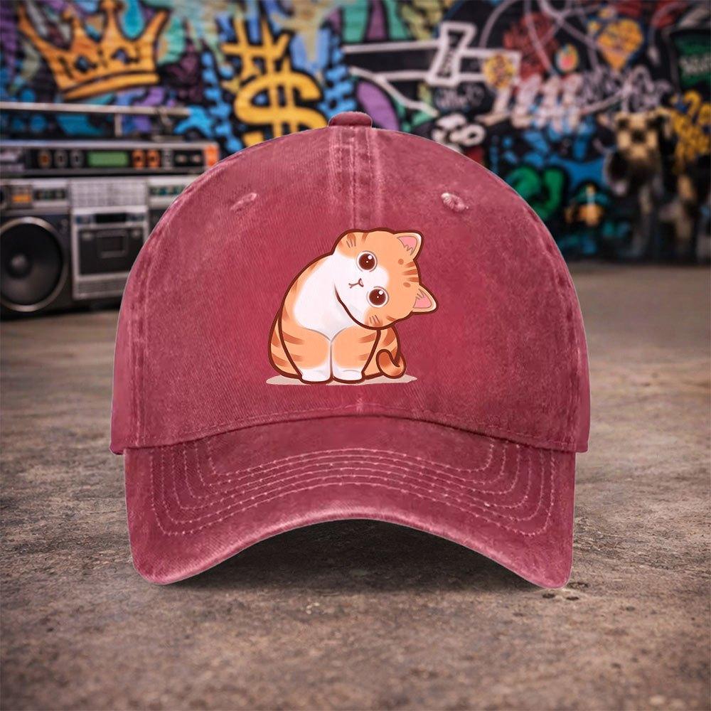 Pc Pcs Unisex Vintage Washed Baseball Cap with Orange Cat Print Duckbill Hook Loop Closure Suitable for Parties Daily Wea