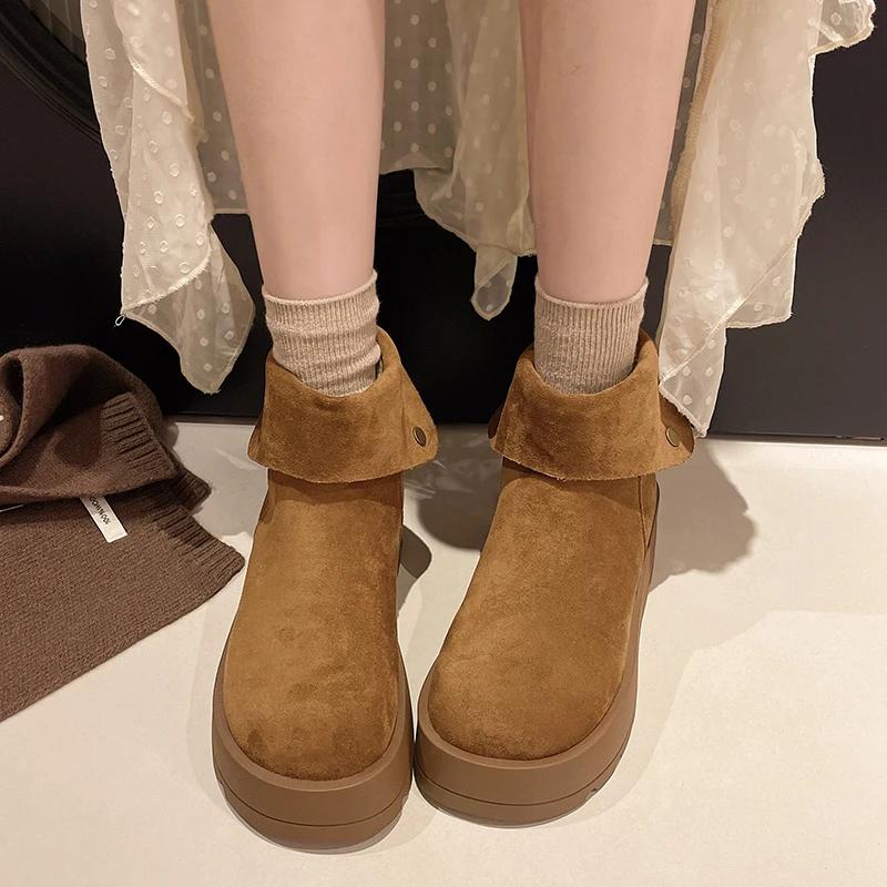 Fashion Winter New Thick Sole Cotton Boots Women's Fashion Round Head Suede Back Zipper Anti-slip Wear-resistant Short Boots