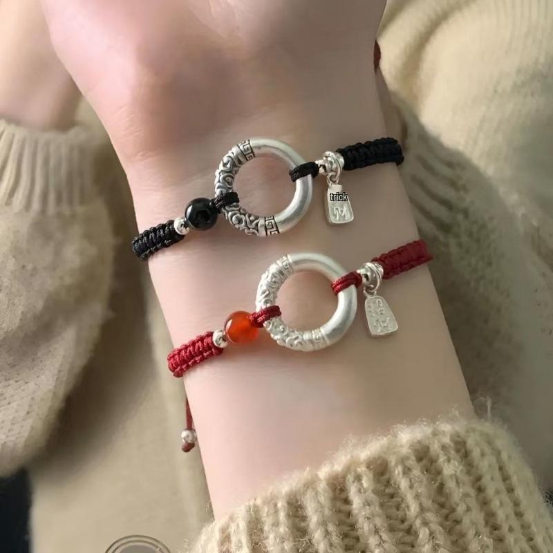Retro Chinese-Style 999 Sterling Silver Bracelet with Ping'an Buckle and Love Beans