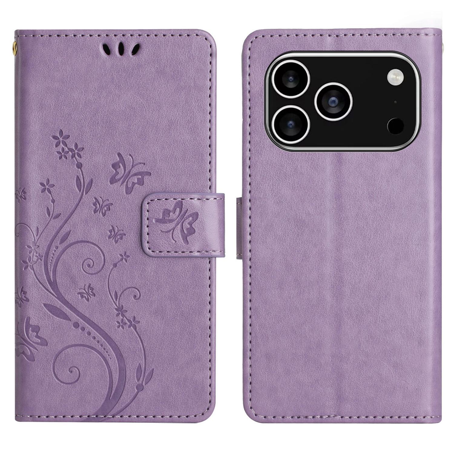 

For iPhone 17 Pro Leather Wallet Case Butterfly Flower Imprinted Phone Cover with Strap Light Purple