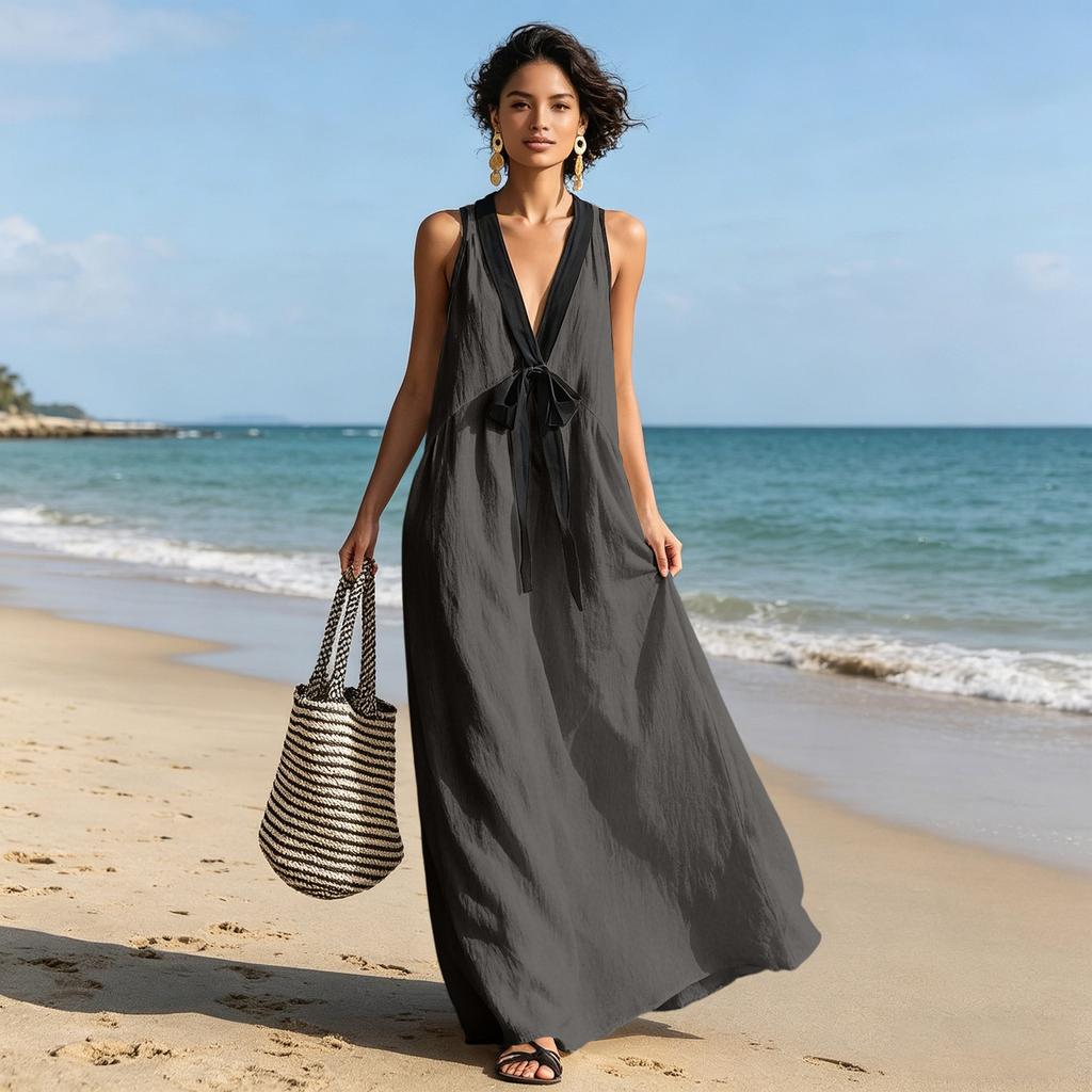 Women Deep V Neck Long Dress Sleeveless Patchwork Design Flowy Casual Elegant Maxi Dress for Daily Wear Beach Holiday